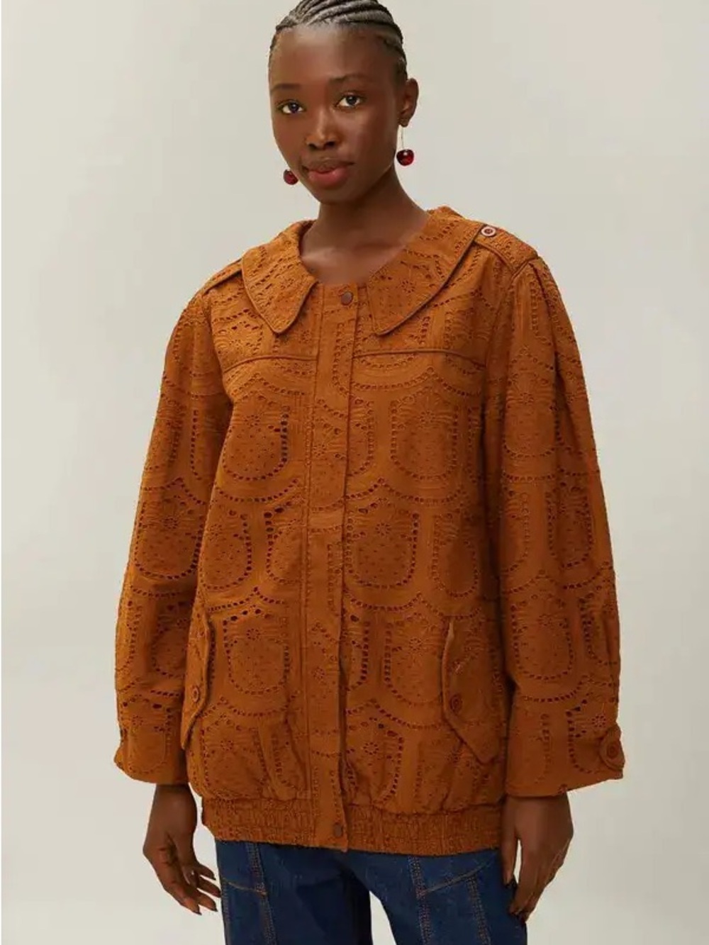 Farm Rio Brown Pineapple Eyelet Bomber Jacket NWOT